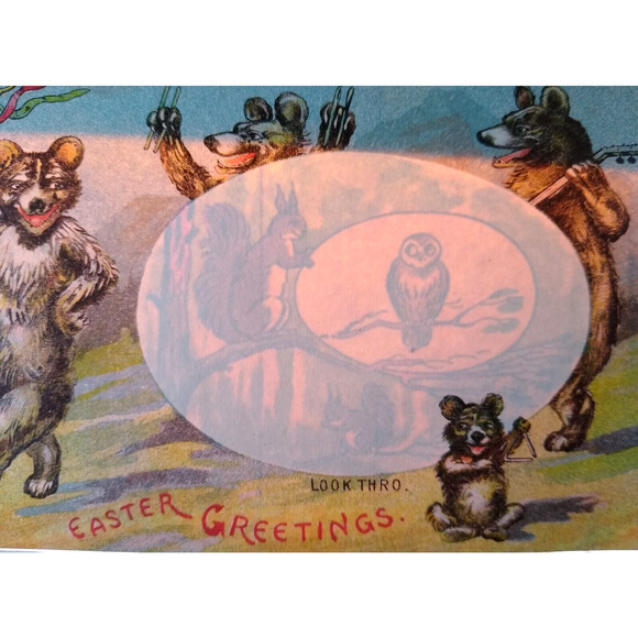 Hold To Light Easter Fantasy Postcard Look Thro Musical Bears Owl Squirrel Egg - Picture 1 of 4